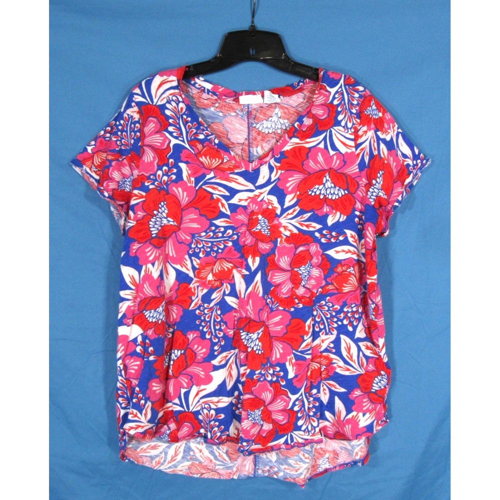 SIGRID OLSEN Blue/Multi TRPOICAL FLORAL PRINT V-Neck TWILL Blouse/T-Shirt/Top 1X